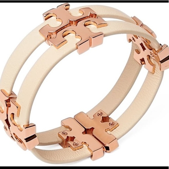 Tory Burch Authentic Serif T Stacked Leather Sand Rose Gold Wrap Bracelet - Picture 9 of 11